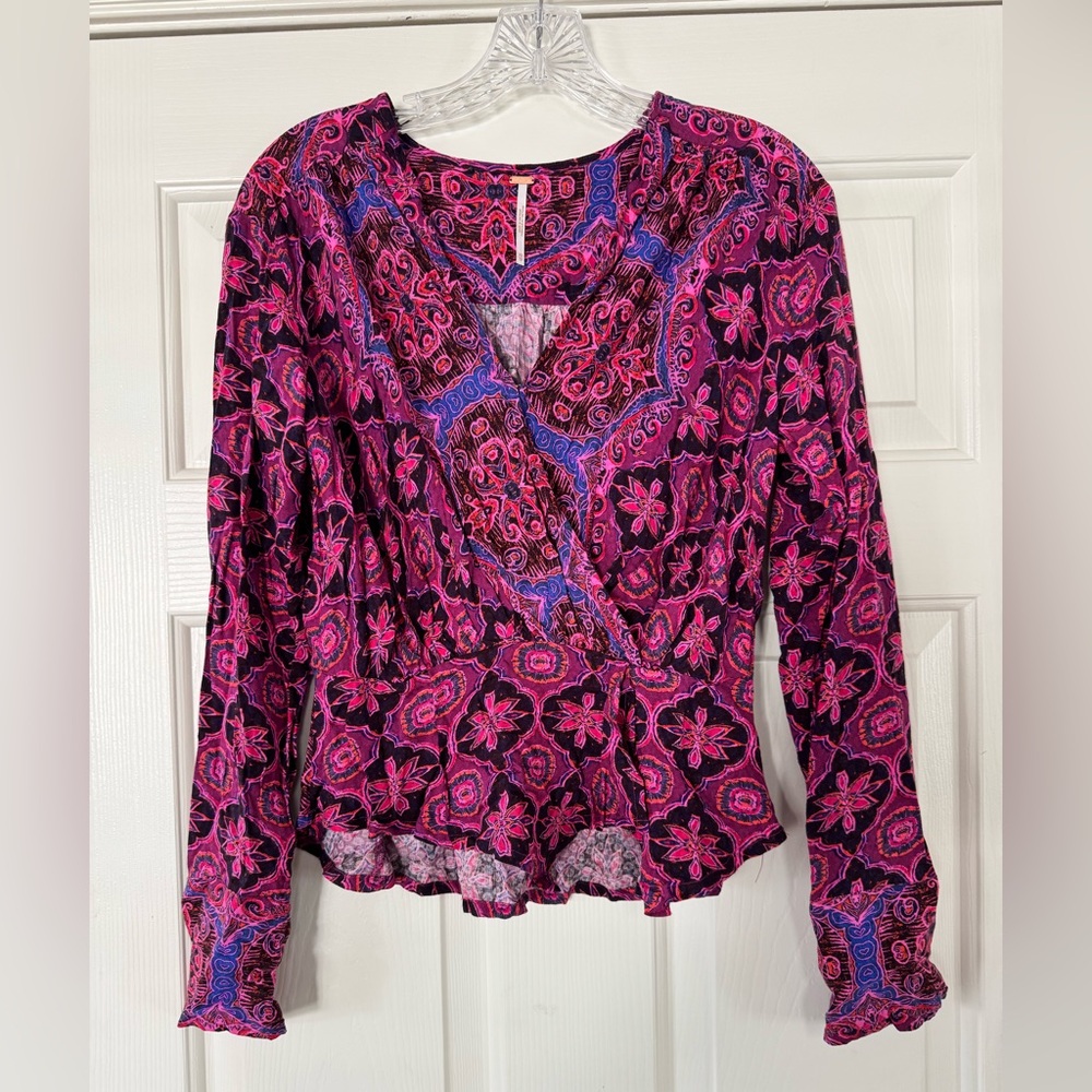 Free People Fuchsia & Purple Paisley Wrap Blouse XS